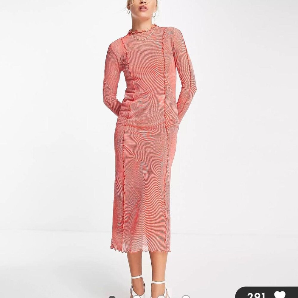 & Other Stories Cut Out Mesh Midi Dress in Red Orange Wavy Print